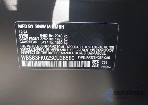 2025 BMW M5 z USA, uszkodzony, nr VIN WBS83FK02SCU36580